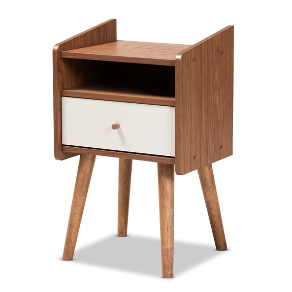 Baxton Studio Elario Mid-Century Modern Two-Tone White and Walnut Brown Finished Wood 1-Drawer Nightstand