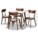 Baxton Studio Reba Mid-Century Modern Light Beige Fabric Upholstered and Walnut Brown Finished Wood 5-Piece Dining Set with Faux Marble Dining Table - Reba-Latte/Walnut-5PC Dining Set