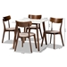 Baxton Studio Reba Mid-Century Modern Light Beige Fabric Upholstered and Walnut Brown Finished Wood 5-Piece Dining Set with Faux Marble Dining Table - Reba-Latte/Walnut-5PC Dining Set