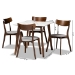 Baxton Studio Reba Mid-Century Modern Light Grey Fabric Upholstered and Walnut Brown Finished Wood 5-Piece Dining Set with Faux Marble Dining Table - Reba-Smoke/Walnut-5PC Dining Set