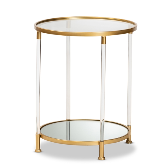 Baxton Studio Aubrie Glam and Luxe Brushed Gold Finished Metal and Mirrored Glass Round Accent End Table with Acrylic Legs