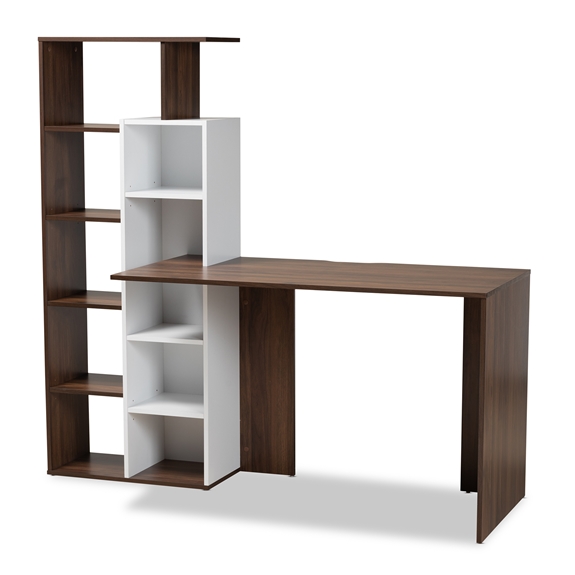 Baxton Studio Rowan Modern and Contemporary Two-Tone White and Walnut Brown Finished Wood Storage Computer Desk with Shelves