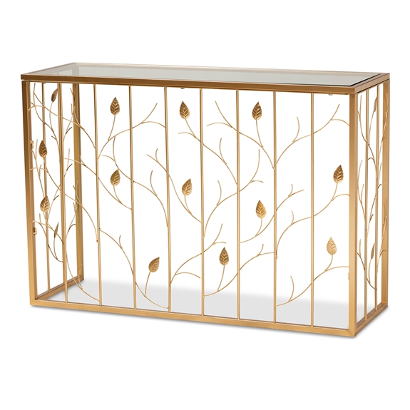 Baxton Studio Anaya Modern and Contemporary Glam Brushed Gold Finished Metal and Glass Leaf Console Table