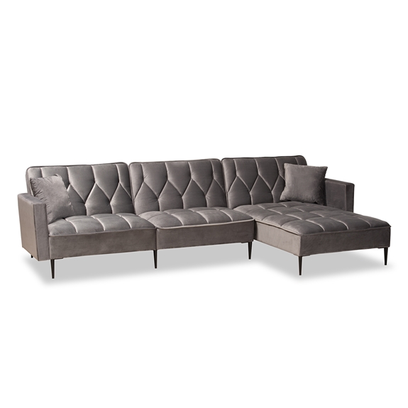 Baxton Studio Galena Contemporary Glam and Luxe Grey Velvet Fabric Upholstered and Black Finished Metal Sleeper Sectional Sofa with Right Facing Chaise
