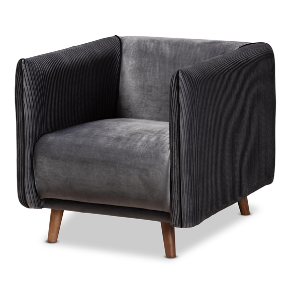 Baxton Studio Beacher Modern and Contemporary Grey Velvet Fabric Upholstered and Walnut Brown Finished Wood Armchair