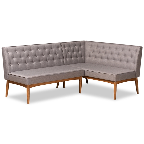 Baxton Studio Riordan Mid-Century Modern Grey Fabric Upholstered and Walnut Brown Finished Wood 2-Piece Dining Nook Banquette Set