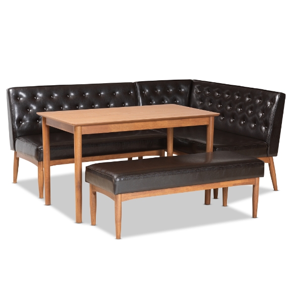 Baxton Studio Riordan Mid-Century Modern Dark Brown Faux Leather Upholstered and Walnut Brown Finished Wood 4-Piece Dining Nook Set