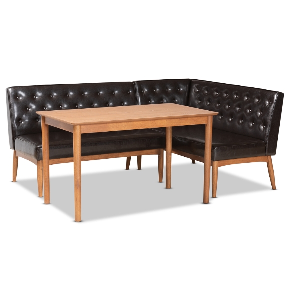 Baxton Studio Riordan Mid-Century Modern Dark Brown Faux Leather Upholstered and Walnut Brown Finished Wood 3-Piece Dining Nook Set