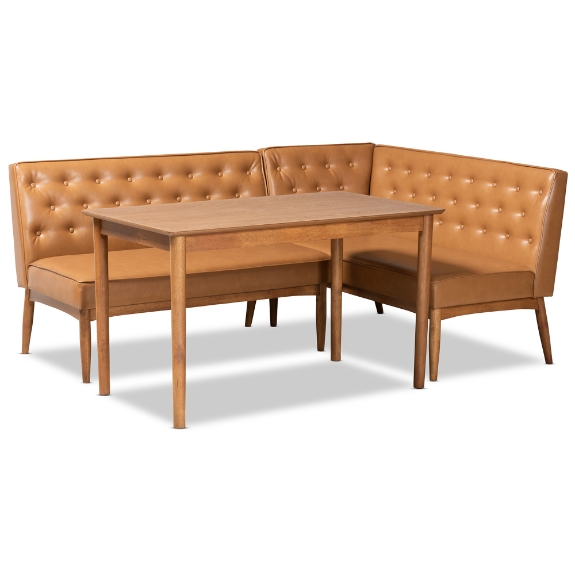 Baxton Studio Riordan Mid-Century Modern Tan Faux Leather Upholstered and Walnut Brown Finished Wood 3-Piece Dining Nook Set