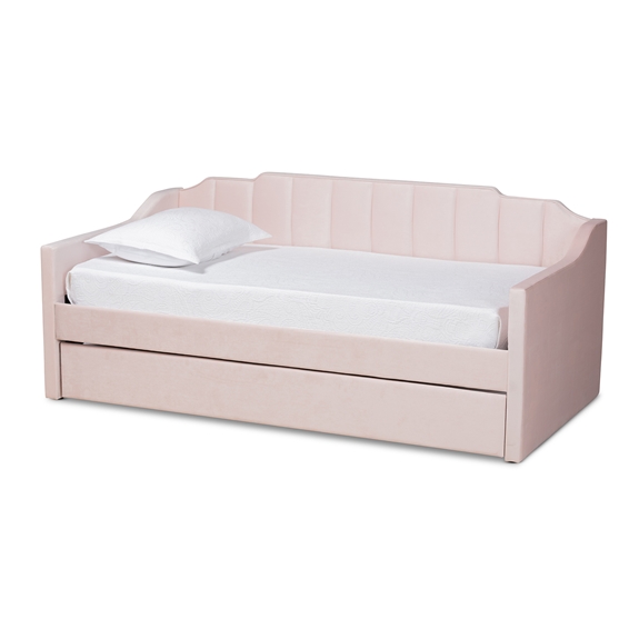 Baxton Studio Lennon Modern and Contemporary Pink Velvet Fabric Upholstered Twin Size Daybed with Trundle