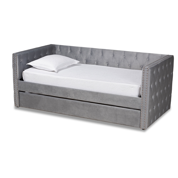 Baxton Studio Larkin Modern and Contemporary Grey Velvet Fabric Upholstered Twin Size Daybed with Trundle