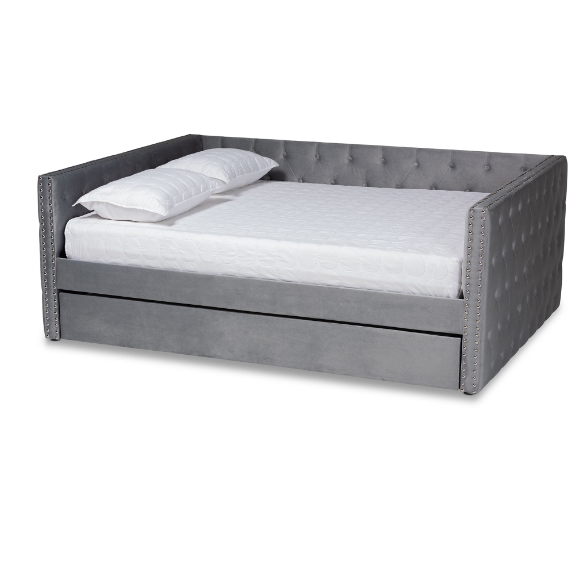 Baxton Studio Larkin Modern and Contemporary Grey Velvet Fabric Upholstered Queen Size Daybed with Trundle