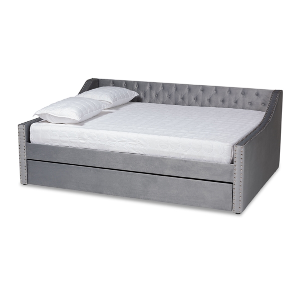 Baxton Studio Raphael Modern and Contemporary Grey Velvet Fabric Upholstered Full Size Daybed with Trundle