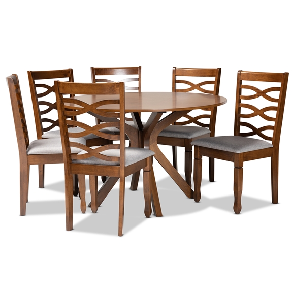 Baxton Studio Mila Modern and Contemporary Grey Fabric Upholstered and Walnut Brown Finished Wood 7-Piece Dining Set