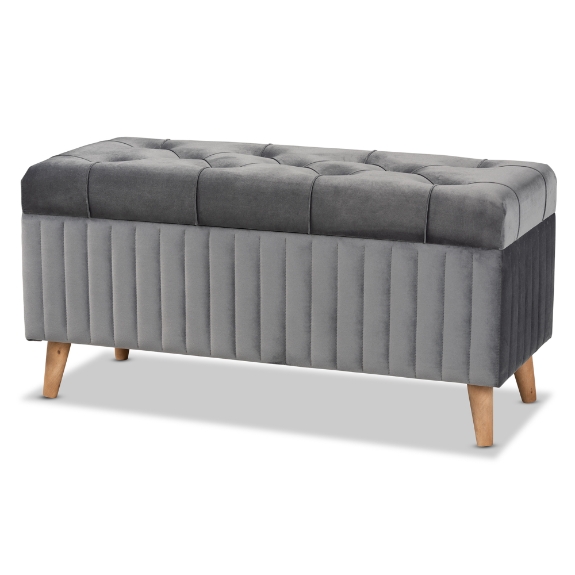 Baxton Studio Hanley Modern and Contemporary Grey Velvet Fabric Upholstered and Walnut Brown Finished Wood Storage Ottoman