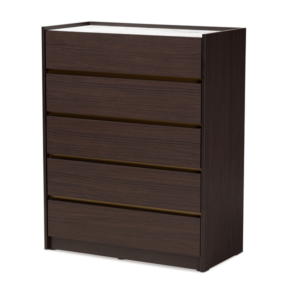 Baxton Studio Walker Modern and Contemporary Dark Brown and Gold Finished Wood 5-Drawer Chest with Faux Marble Top