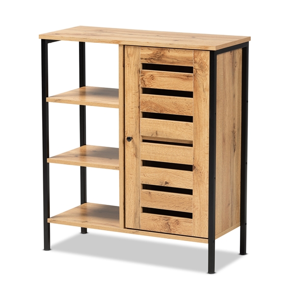 Baxton Studio Vander Modern and Contemporary Oak Brown Finished Wood and Black Finished Metal 1-Door Shoe Storage Cabinet