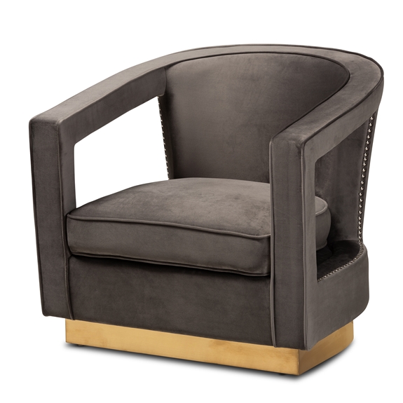 Baxton Studio Neville Modern Luxe and Glam Grey Velvet Fabric Upholstered and Gold Finished Metal Armchair
