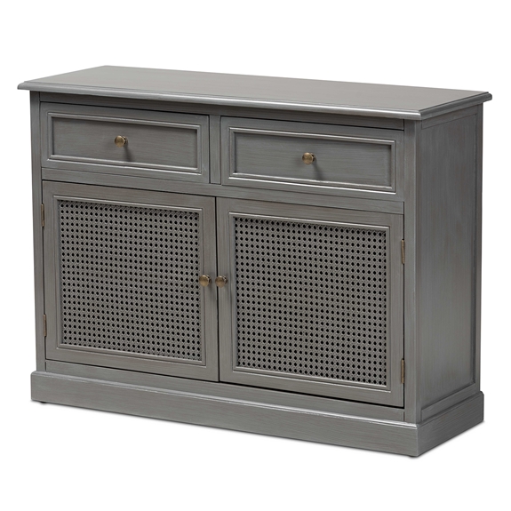 Baxton Studio Sheldon Modern and Contemporary Vintage Grey Finished Wood and Synthetic Rattan 2-Door Dining Room Sideboard Buffet