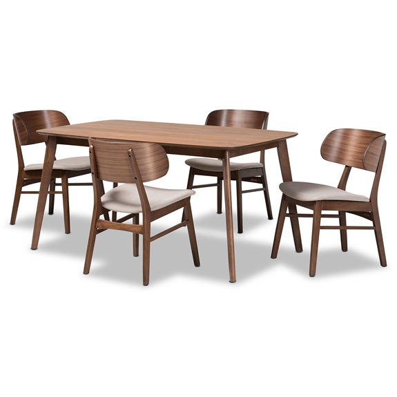 Baxton Studio Alston Mid-Century Modern Beige Fabric Upholstered and Walnut Brown Finished Wood 5-Piece Dining Set
