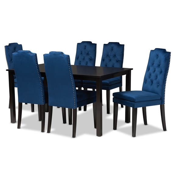 Baxton Studio Dylin Modern and Contemporary Navy Blue Velvet Fabric Upholstered and Dark Brown Finished Wood 7-Piece Dining Set