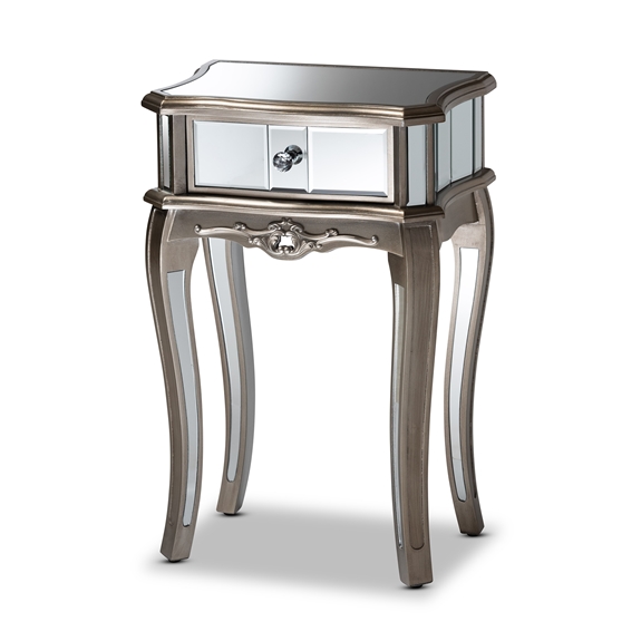 Baxton Studio Elgin Contemporary Glam and Luxe Brushed Silver Finished Wood and Mirrored Glass 1-Drawer Nightstand