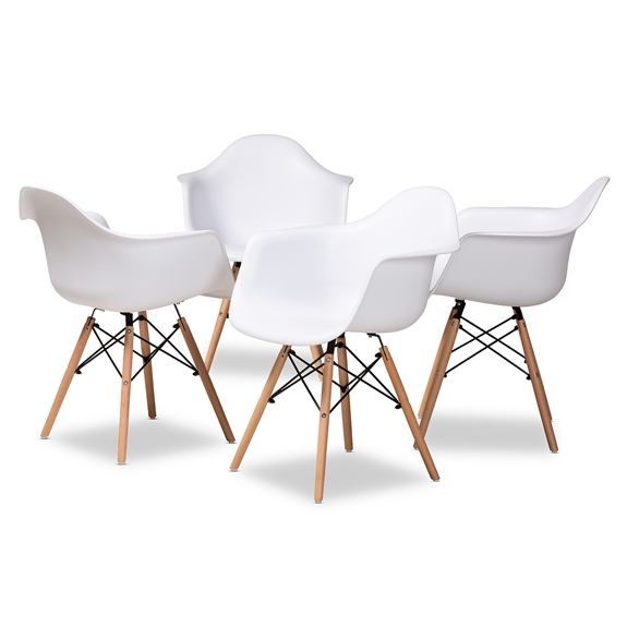Baxton Studio Galen Modern and Contemporary White Finished Polypropylene Plastic and Oak Brown Finished Wood 4-Piece Dining Chair Set