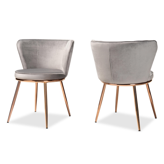 Baxton Studio Farah Modern Luxe and Glam Grey Velvet Fabric Upholstered and Rose Gold Finished Metal 2-Piece Dining Chair Set
