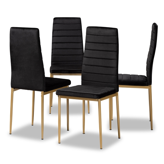 Baxton Studio Armand Modern Glam and Luxe Black Velvet Fabric Upholstered and Gold Finished Metal 4-Piece Dining Chair Set