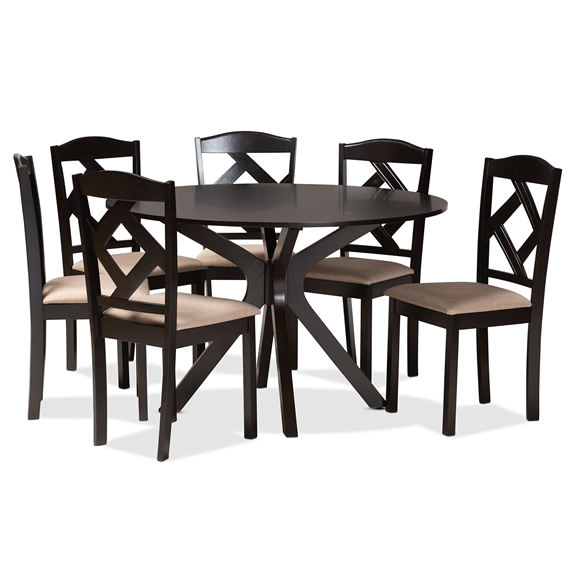 Baxton Studio Carlin Sand Fabric Upholstered and Dark Brown Finished Wood 7-Piece Dining Set