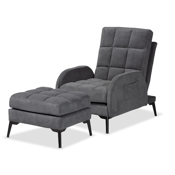 Baxton Studio Belden Modern and Contemporary Grey Velvet Fabric Upholstered and Black Metal 2-Piece Lounge Chair and Ottoman Set