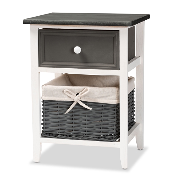Baxton Studio Shadell Modern Transitional Two-Tone Dark Grey and White Finished Wood 1-Drawer Storage Unit with Basket