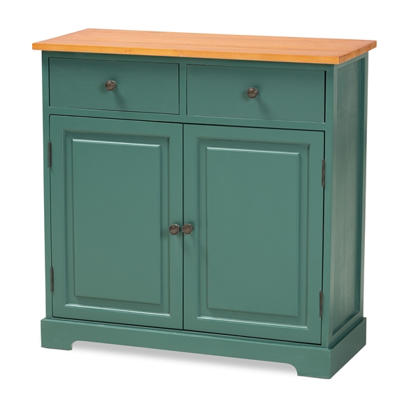 Baxton Studio Garner Modern and Contemporary Two-Tone Turquoise and Oak Brown Finished Wood 2-Drawer Kitchen Cabinet