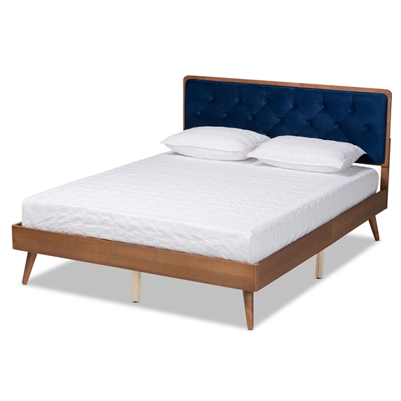 Baxton Studio Larue Modern and Contemporary Navy Blue Velvet Fabric Upholstered and Walnut Brown Finished Wood Full Size Platform Bed