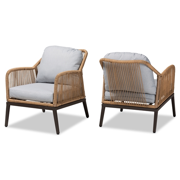 Baxton Studio Endecott Modern and Contemporary Grey Fabric Upholstered and Brown Synthetic Rattan 2-Piece Patio Chair Set