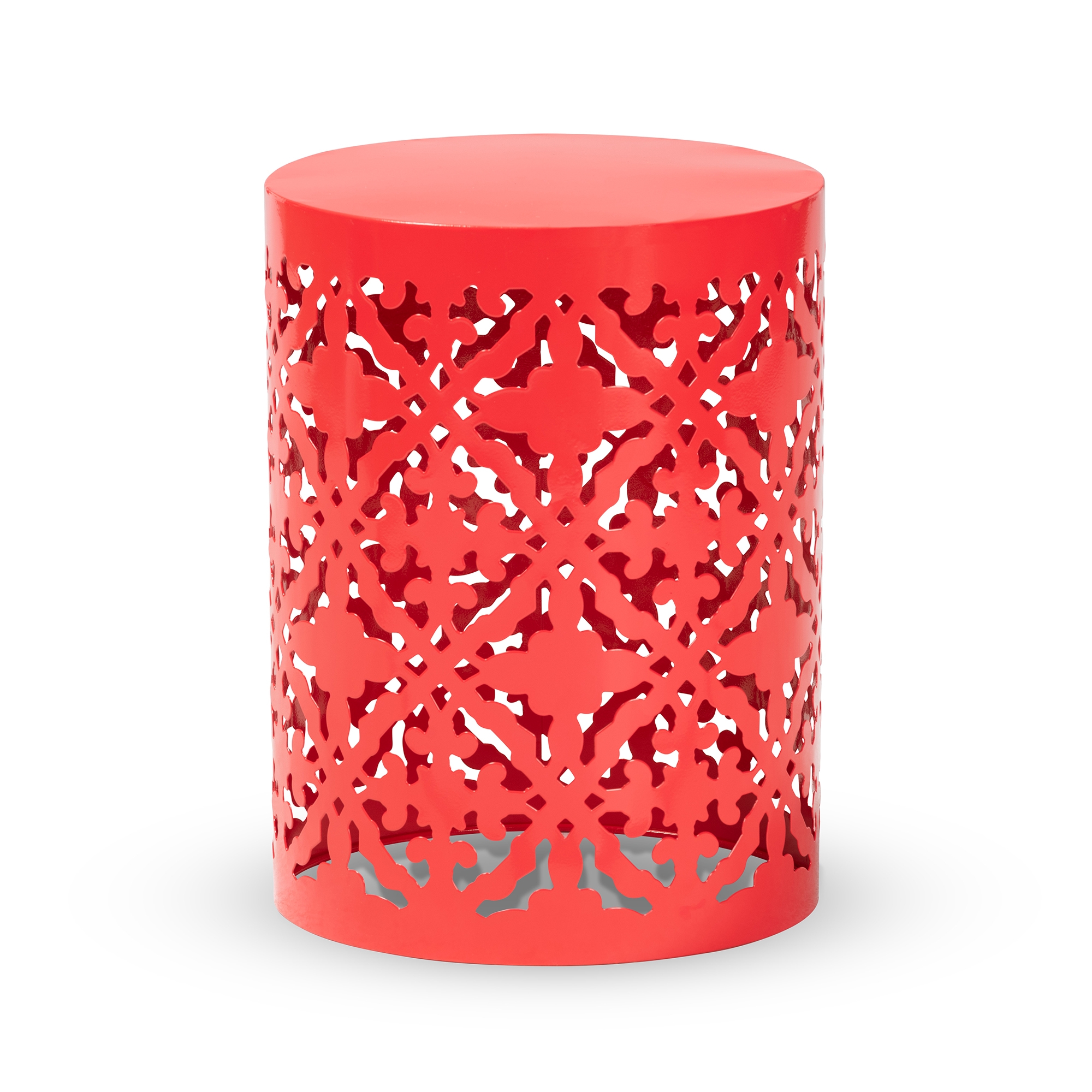 red metal garden stool