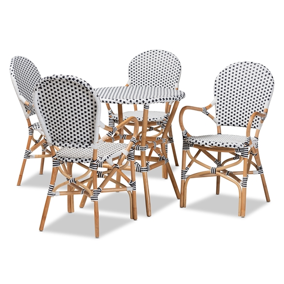 Baxton Studio Naila Classic French Black and White Plastic and Natural Brown Rattan 5-Piece Dining Set