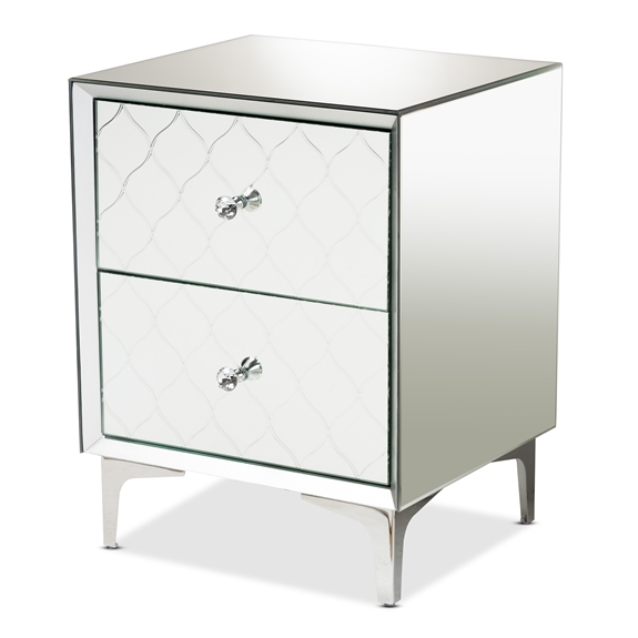 Baxton Studio Kacela Contemporary Glam and Luxe Silver Finished Metal 2-Drawer End Table with Mirrored Glass