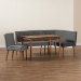 Baxton Studio Alvis Mid-Century Modern Grey Velvet Upholstered and Walnut Brown Finished Wood 4-Piece Dining Nook Set - BBT8063-Grey Velvet/Walnut-4PC Dining Nook Set