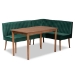 Baxton Studio Alvis Mid-Century Modern Emerald Green Velvet Upholstered and Walnut Brown Finished Wood 3-Piece Dining Nook Set