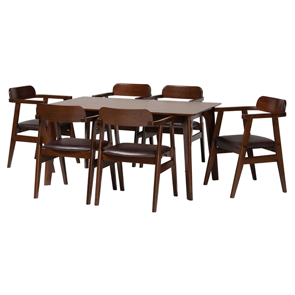 Baxton Studio Cleo Mid-Century Modern Espresso Faux Leather and Dark Brown Finished Wood 7-Piece Dining Set