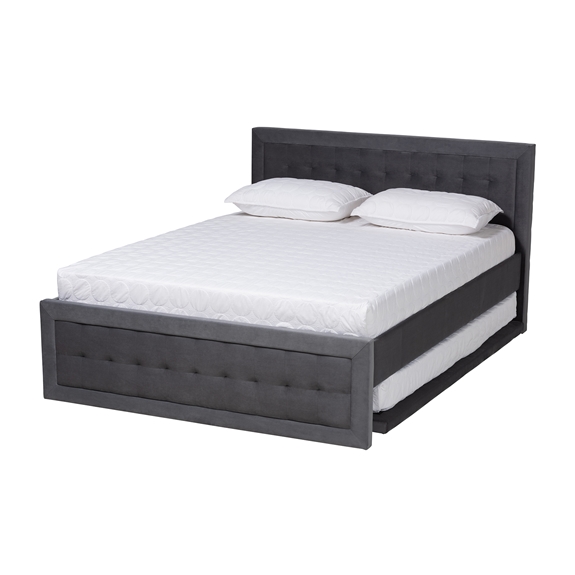 Baxton Studio Tegan Modern and Contemporary Grey Velvet Fabric Upholstered Queen Size Platform Bed with Trundle