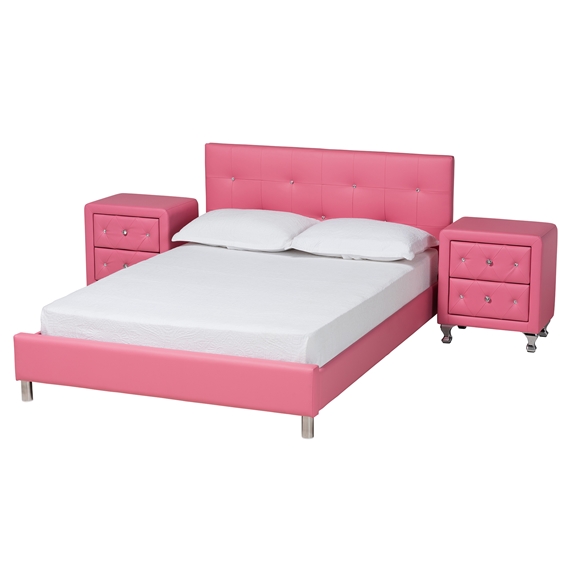Baxton Studio Barbara Contemporary Glam Pink Faux Leather Upholstered Queen Size 3-Piece Bedroom Set