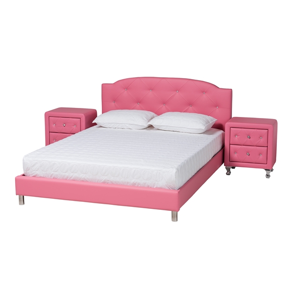 Baxton Studio Canterbury Contemporary Glam Pink Faux Leather Upholstered Queen Size 3-Piece Bedroom Set