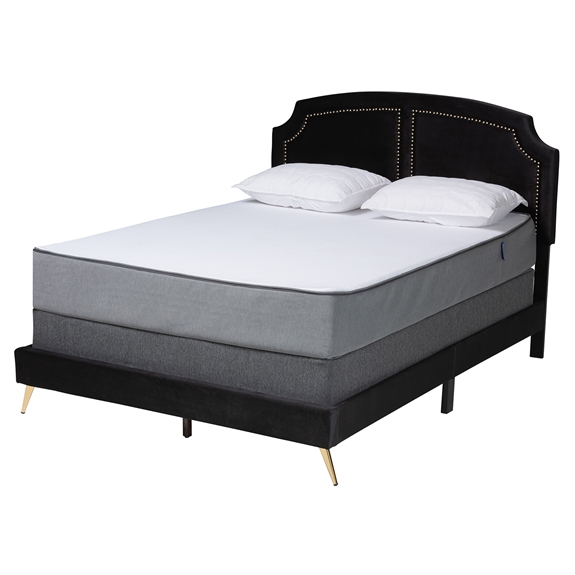 Baxton Studio Oxley Traditional Glam and Luxe Black Velvet and Gold Metal Queen Size Panel Bed