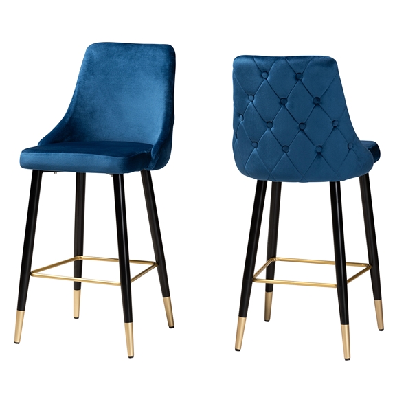 Baxton Studio Giada Contemporary Glam and Luxe Navy Blue Velvet Fabric and Dark Brown Finished Wood 2-Piece Bar Stool Set