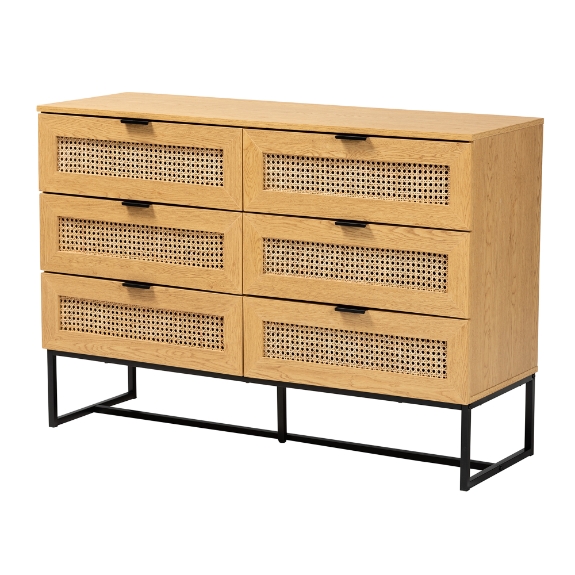 Baxton Studio Sawyer Mid-Century Modern Industrial Oak Brown Finished Wood and Black Metal 6-Drawer Storage Cabinet with Natural Rattan