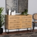 Baxton Studio Sawyer Mid-Century Modern Industrial Oak Brown Finished Wood and Black Metal 6-Drawer Storage Cabinet with Natural Rattan - LCF20220221-Oak Brown-6DW-Cabinet