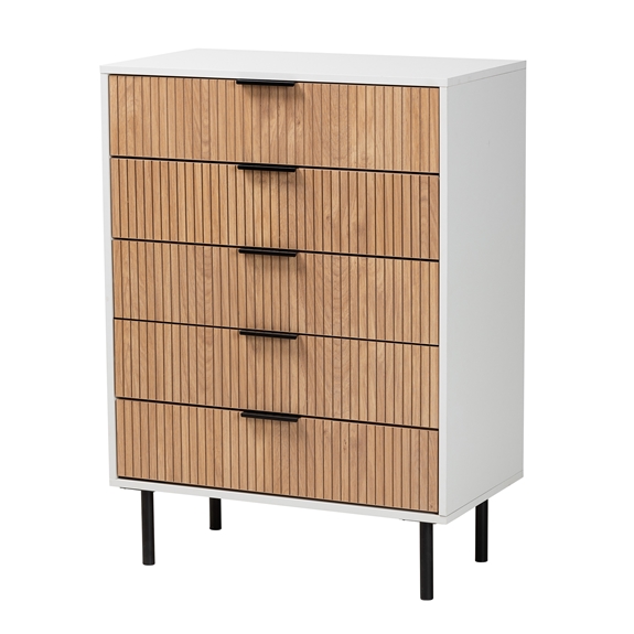 Baxton Studio Karima Mid-Century Modern Two-Tone White and Natural Brown Finished Wood and Black Metal 5-Drawer Storage Cabinet