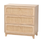 Baxton Studio Elsbeth Japandi Oak Brown Finished Wood and Natural Rattan 3-Drawer Storage Cabinet
